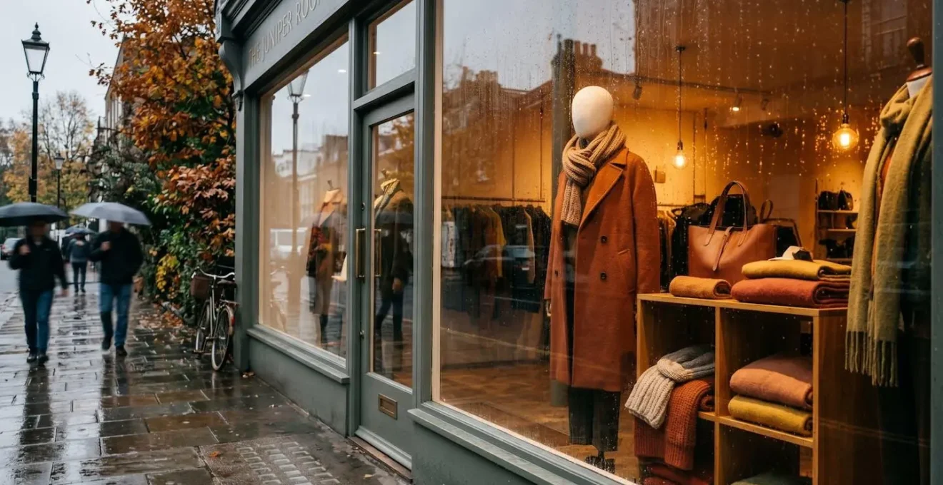 Elegant boutique storefront window display with autumn decorations and sale signage during late November shopping season