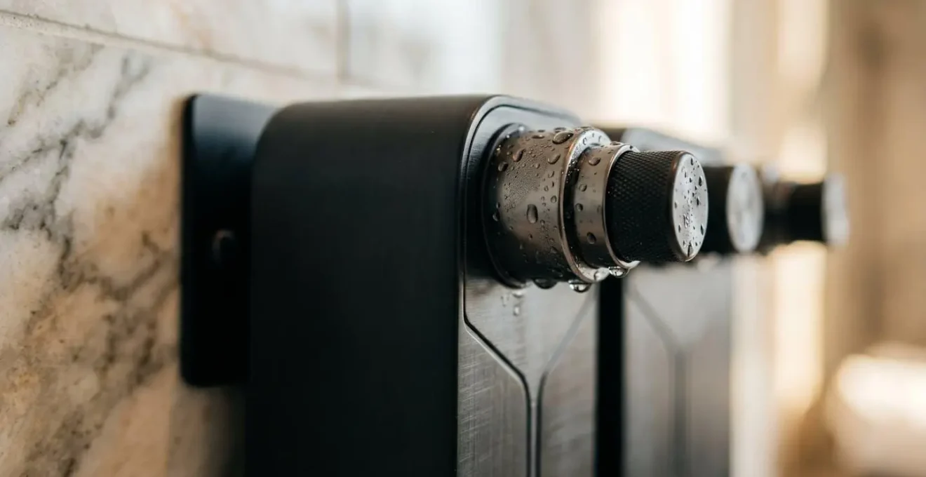 Elegant wall-mounted triple-chamber dispenser in upscale hotel bathroom with natural stone surfaces and soft ambient lighting