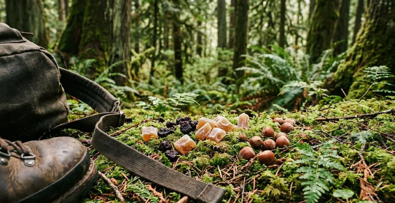 Scattered hard maple sugar candies and trail mix ingredients arranged on forest floor with a hiking boot and backpack strap visible, Pacific Northwest evergreen forest background