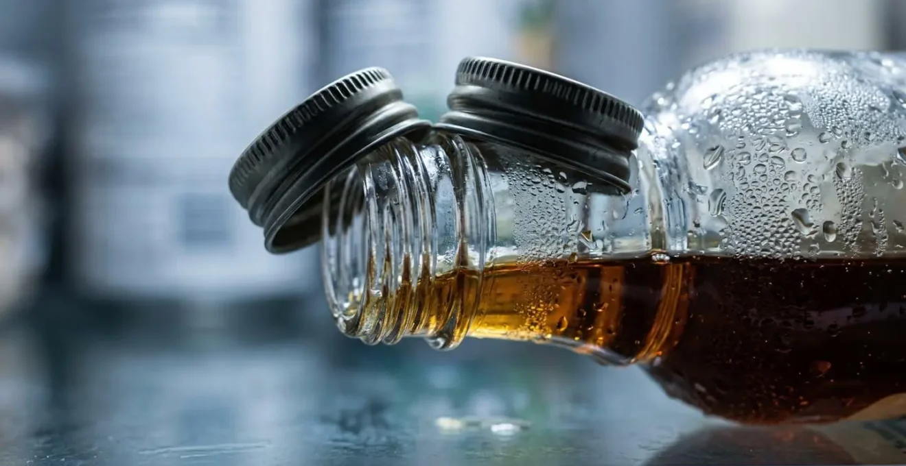Close-up of opened glass maple syrup bottle being placed inside modern refrigerator shelf with condensation and cool temperature atmosphere