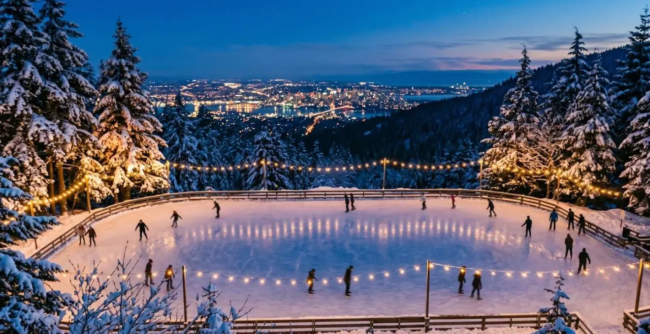 Outdoor ice skating rink on mountain summit surrounded by snow-dusted fir trees with Vancouver city lights twinkling in the valley below at twilight