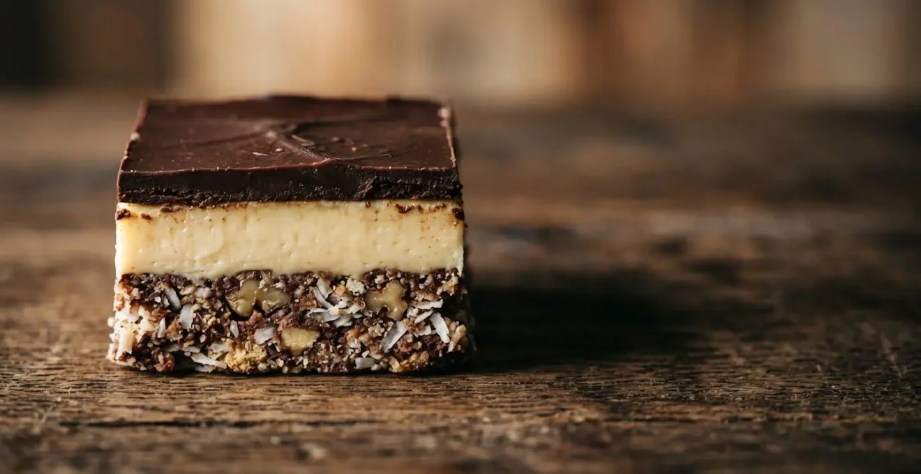 Artistic cross-section view of a classic Nanaimo bar showing the distinct chocolate, custard, and crumb layers