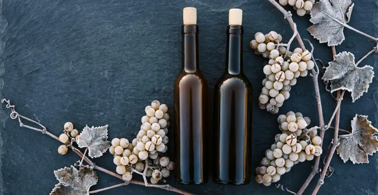 Overhead view of ice wine bottle surrounded by frozen white wine grapes and frost-covered vine leaves on dark slate