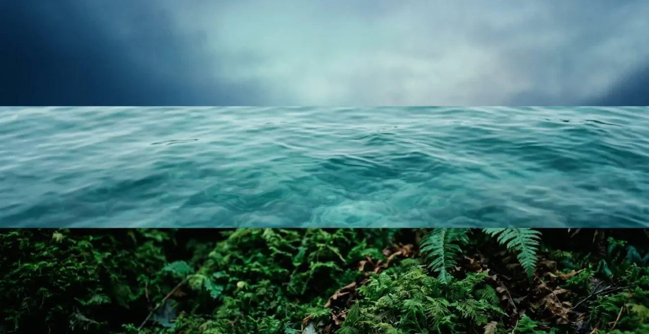 Color palette demonstration showing cool desaturated blues of twilight sky transitioning to cyan ocean tones with deep rainforest greens