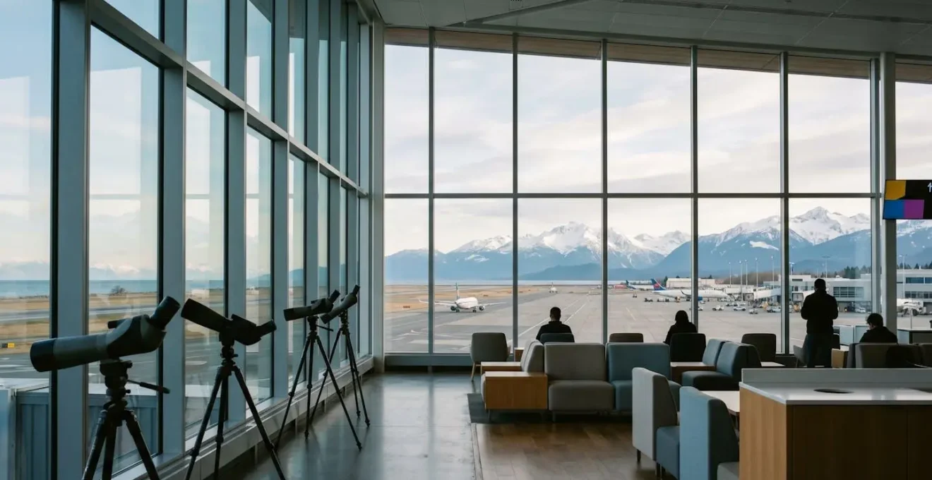 Panoramic view through airport observation windows with aircraft and coastal mountains
