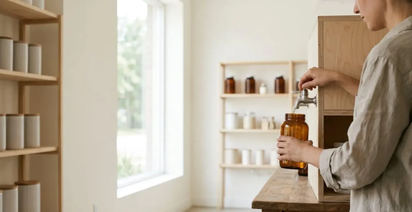 Glass jar being filled with bulk shampoo at minimalist refill station