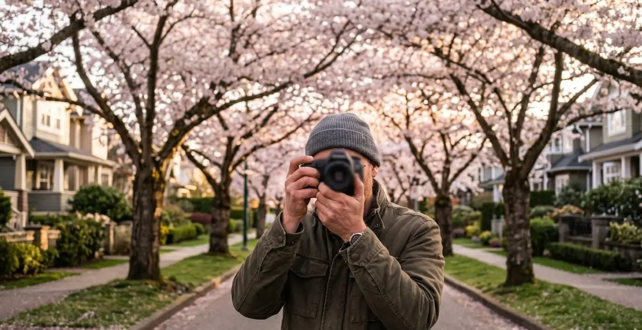 Photographer's perspective showing safe sidewalk positioning for capturing cherry blossom tree tunnel without obstructing residential street traffic