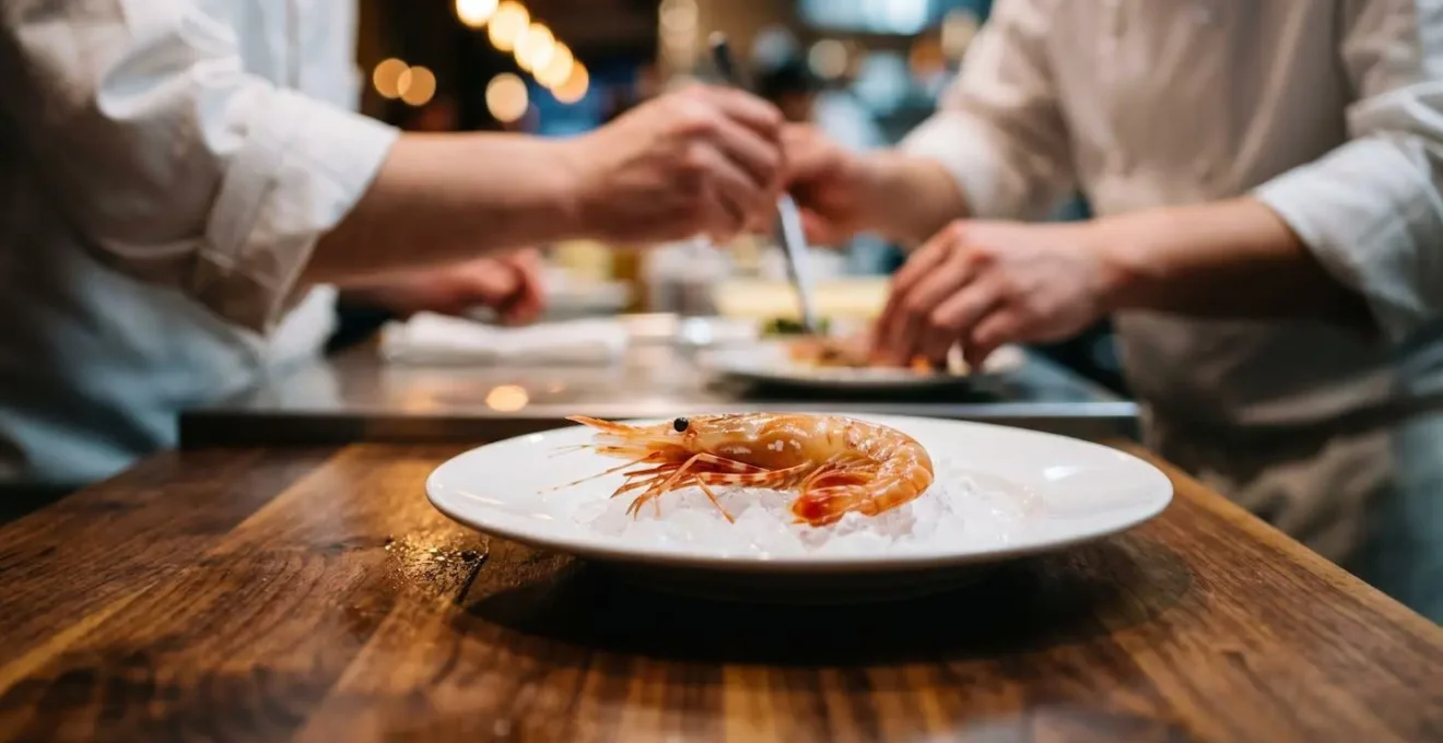 Intimate view of a restaurant bar counter with fresh ingredients and chef's workspace in soft focus