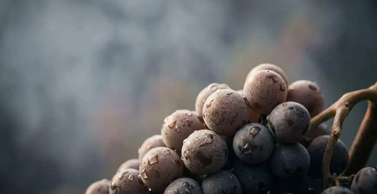 Close-up of wine grapes on a vine with atmospheric smoke haze symbolizing the climate's impact on viticulture