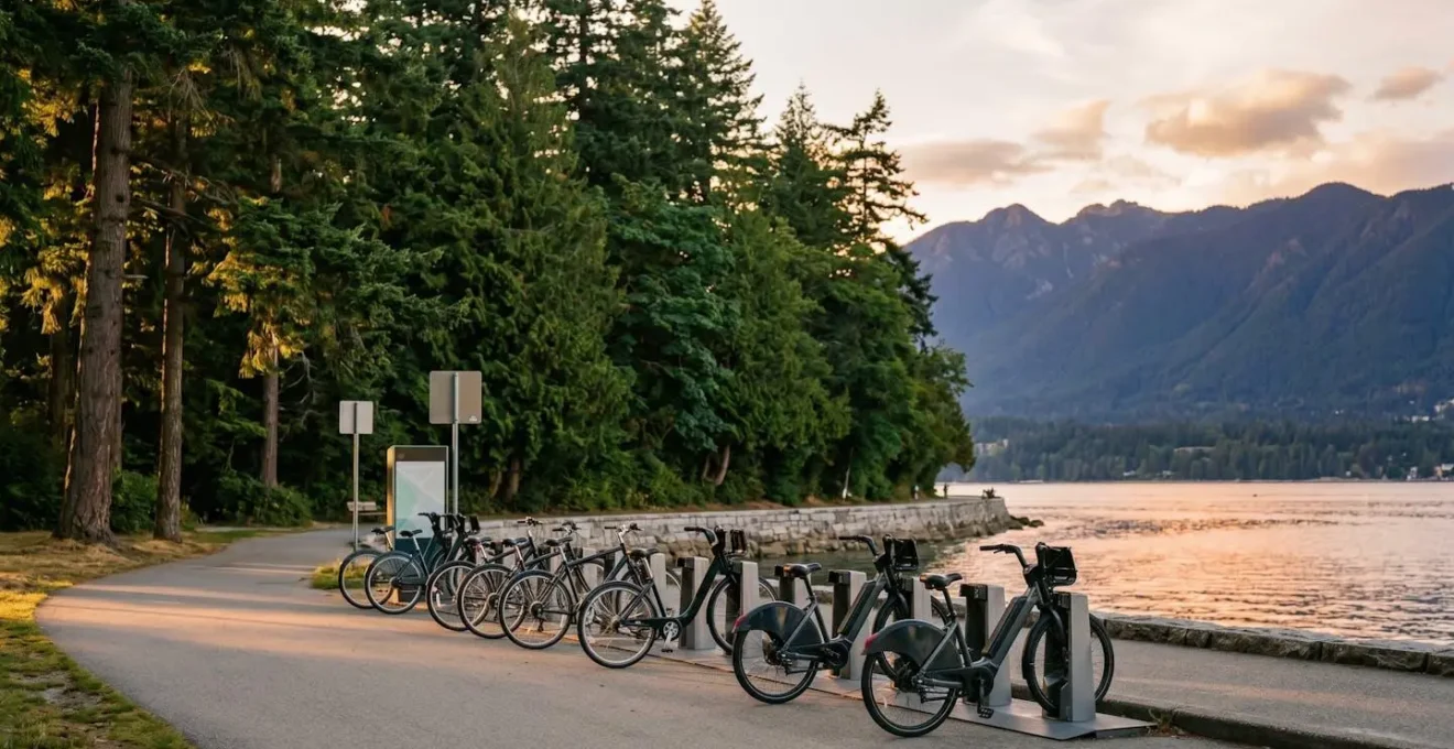 Wide view of Mobi bike docking station along Stanley Park Seawall with Vancouver mountains in background