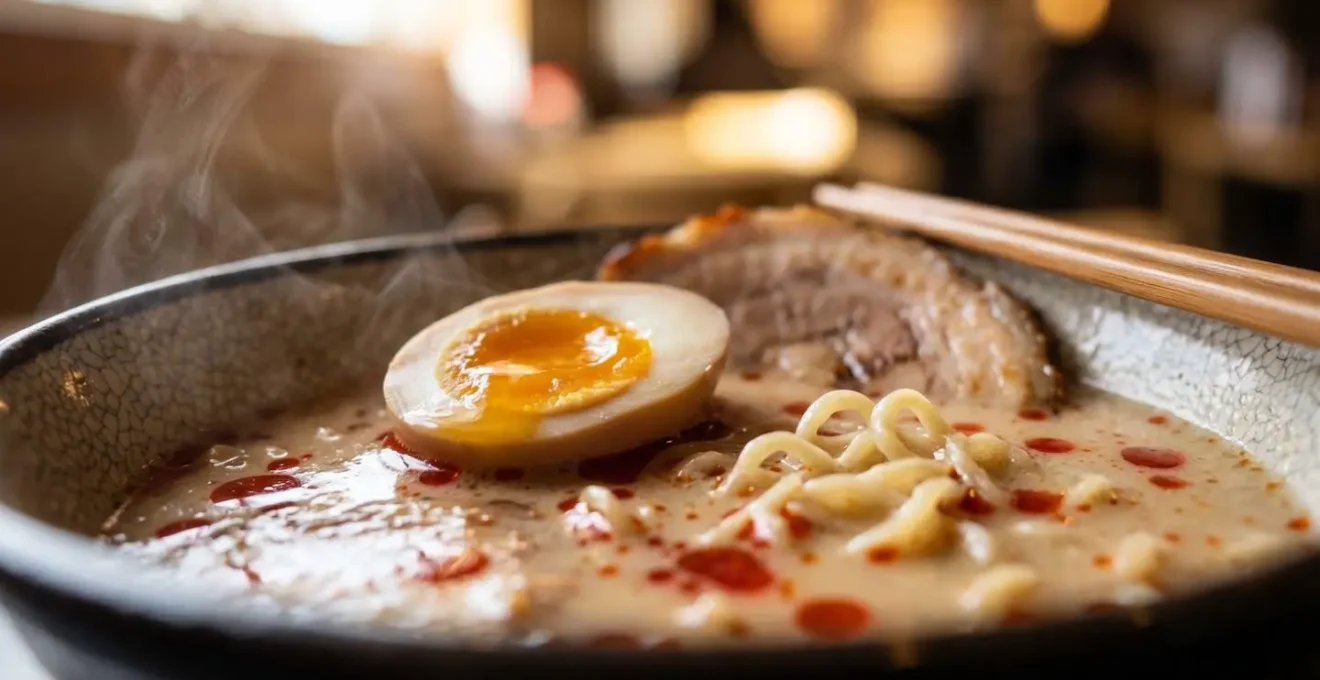 Close-up of a steaming bowl of tonkotsu ramen with soft-boiled egg and chashu pork on a rainy day