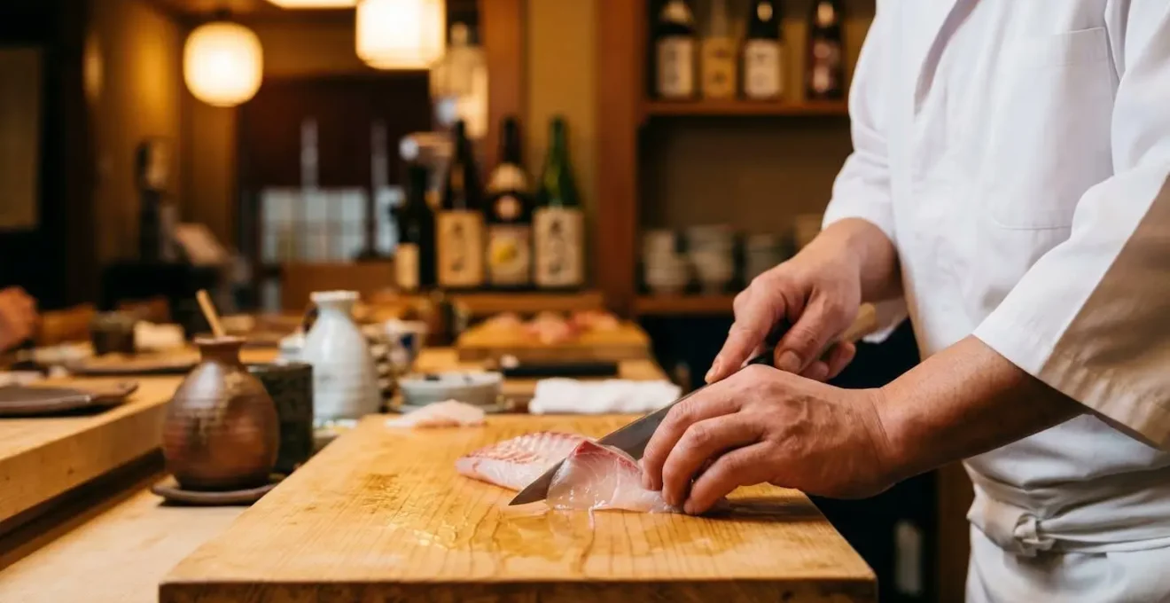 Intimate sushi counter dining experience with chef artistry in focus