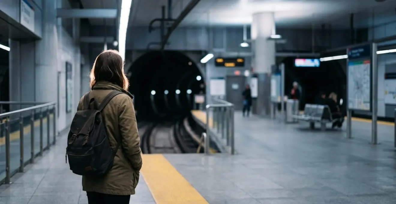 Modern metro station platform with soft lighting and waiting passengers in contemplative poses