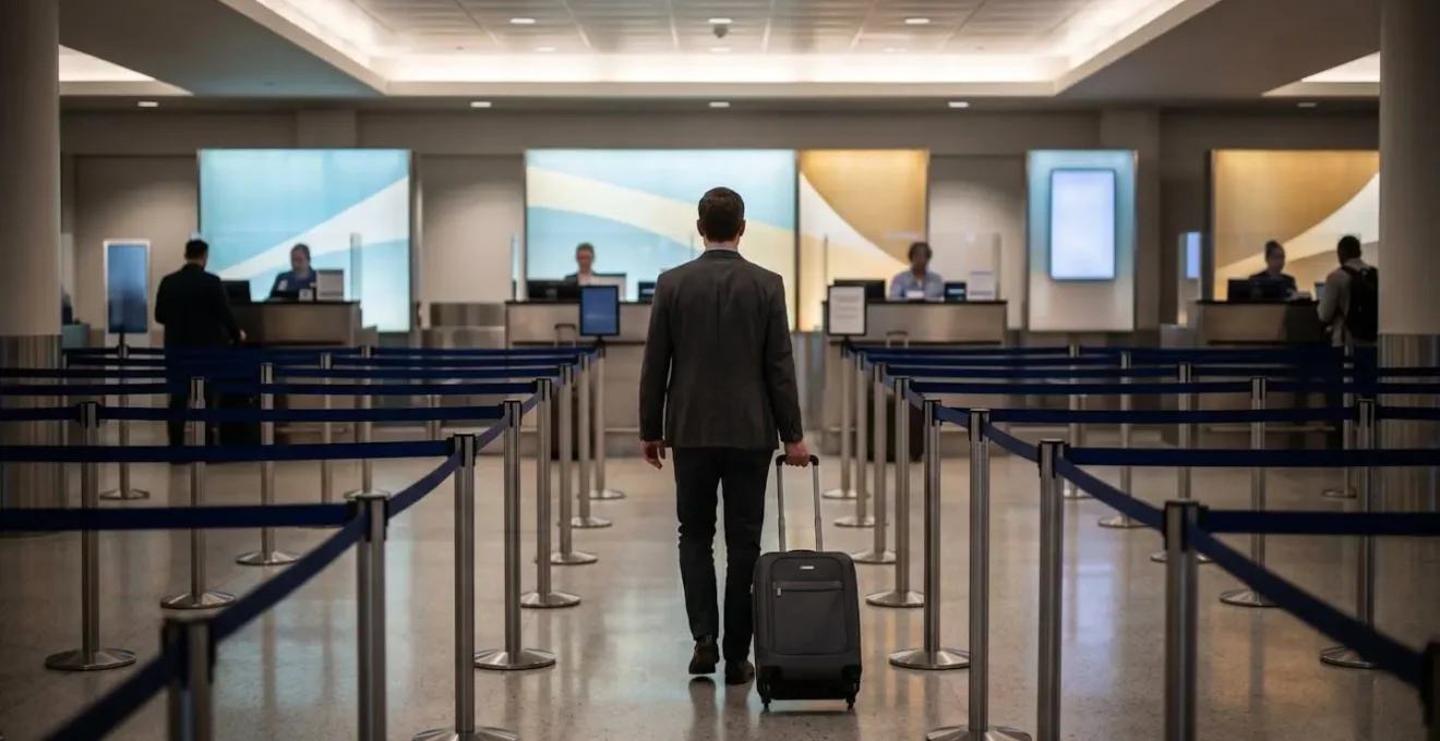 Modern airport immigration facility with traveler queuing area and official checkpoint stations