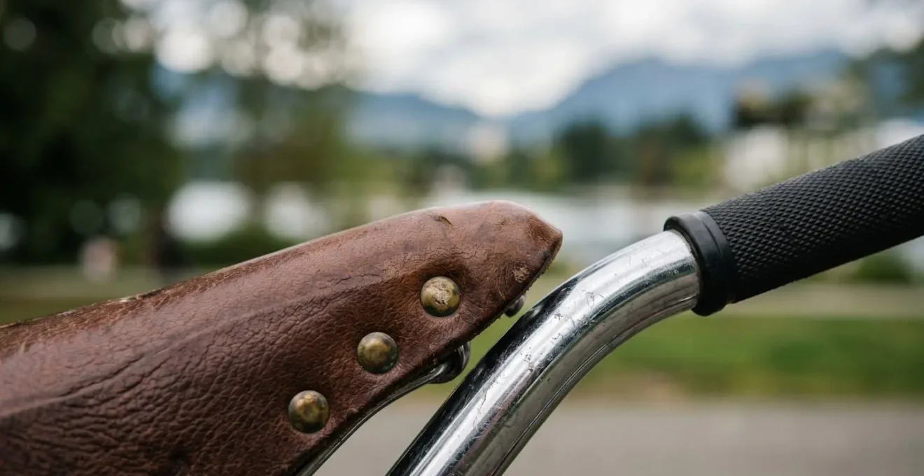Close-up view of a modern cruiser bicycle handlebar with Coal Harbour Marina and Stanley Park seawall in soft-focus background