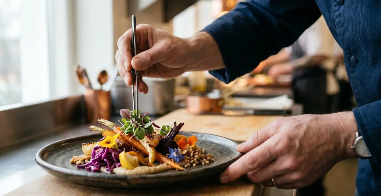 Chef's hands arranging artfully plated winter vegetables on ceramic dish