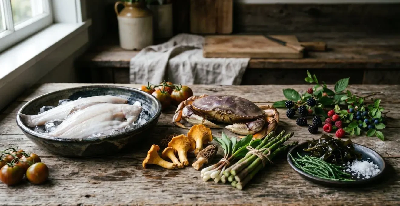 Artfully arranged fresh West Coast ingredients including Pacific salmon, Fraser Valley vegetables, and Okanagan produce on rustic surface